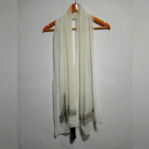 Relativity NWT Ivory Sheer Scarf with Silver Beaded Leaf Detail Boho Elevated